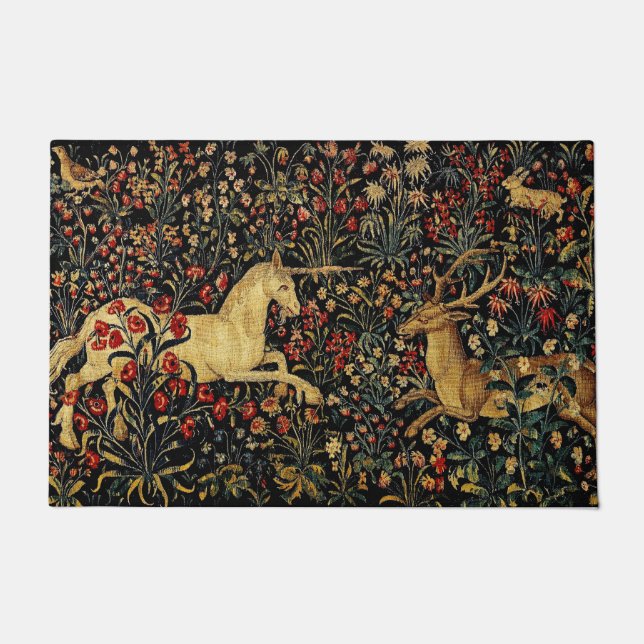 Mediaeval Unicorn Midnight Floral Garden Doormat (Front)