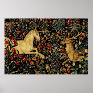 Mediaeval Unicorn Midnight Floral Garden Hanging T Poster