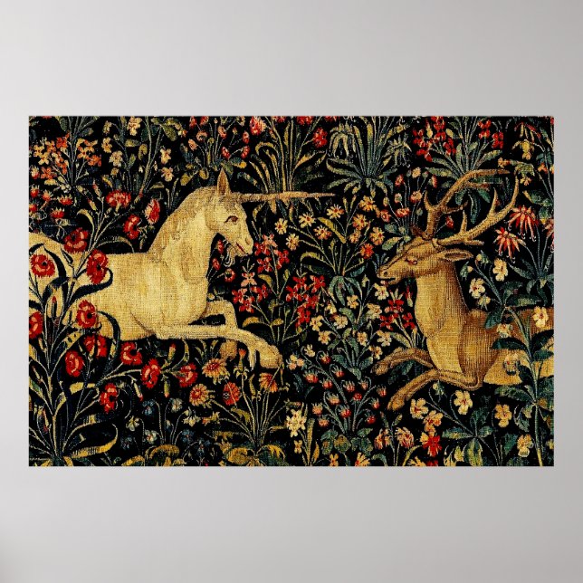 Mediaeval Unicorn Midnight Floral Garden Hanging T Poster (Front)
