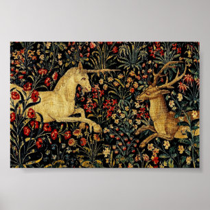 Mediaeval Unicorn Midnight Floral Garden Hanging T Poster