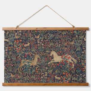 Mediaeval Unicorn Midnight Floral Garden Hanging Tapestry