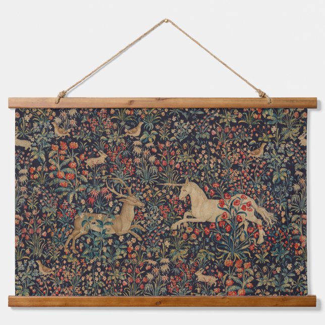 Mediaeval Unicorn Midnight Floral Garden Hanging Tapestry (Front)