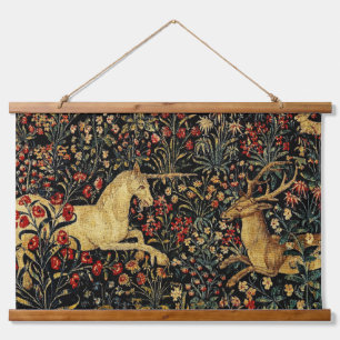 Mediaeval Unicorn Midnight Floral Garden Hanging Tapestry