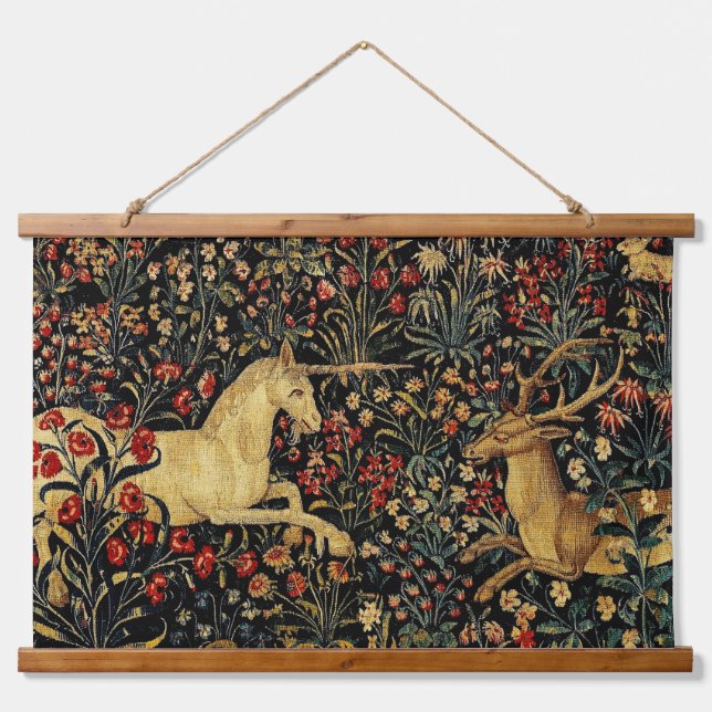 Mediaeval Unicorn Midnight Floral Garden Hanging Tapestry (Front)