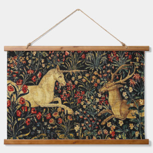 Mediaeval Unicorn Midnight Floral Garden Hanging Tapestry