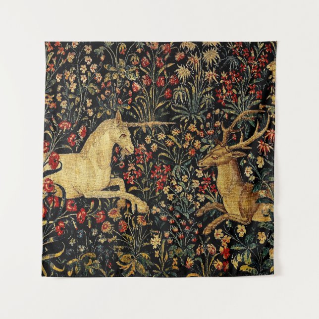 Mediaeval Unicorn Midnight Floral Garden Tapestry (Front)