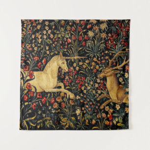 Mediaeval Unicorn Midnight Floral Garden Tapestry