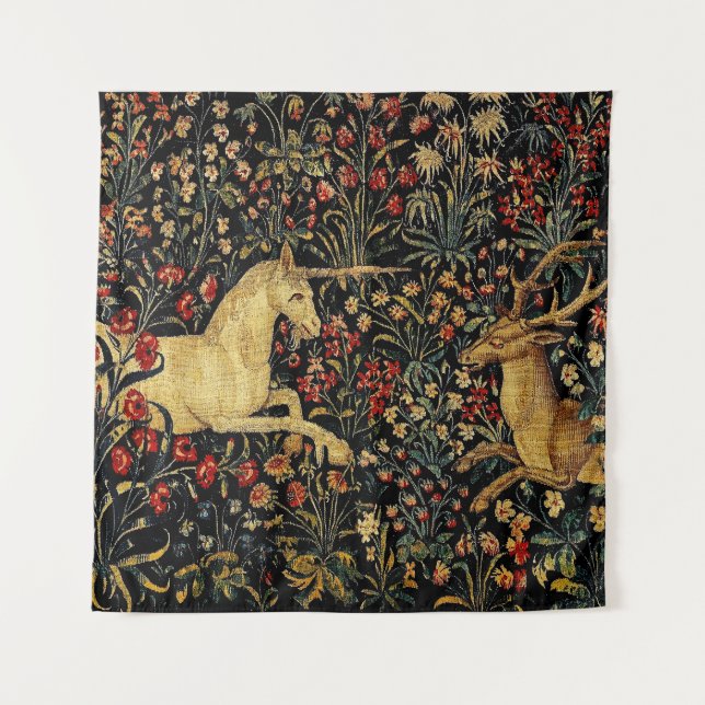 Mediaeval Unicorn Midnight Floral Garden Tapestry (Front)