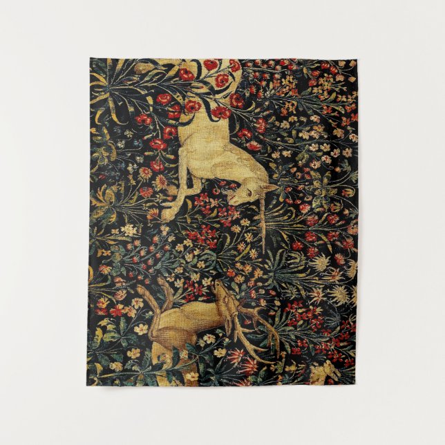 Mediaeval Unicorn Midnight Floral Garden Tapestry (Front)