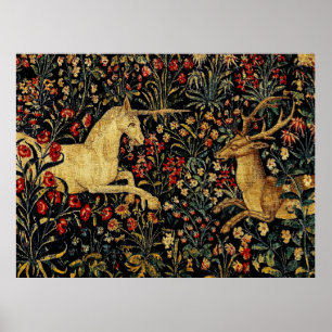 Mediaeval Unicorn Midnight Floral Garden Tapestry Poster