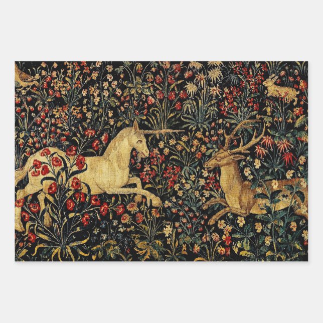 Mediaeval Unicorn Midnight Floral Garden Wrapping Paper Sheet (Front)