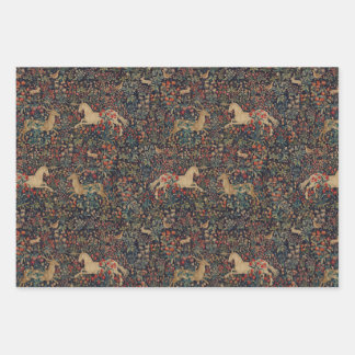 Mediaeval Unicorn Midnight Floral Garden Wrapping Paper Sheet