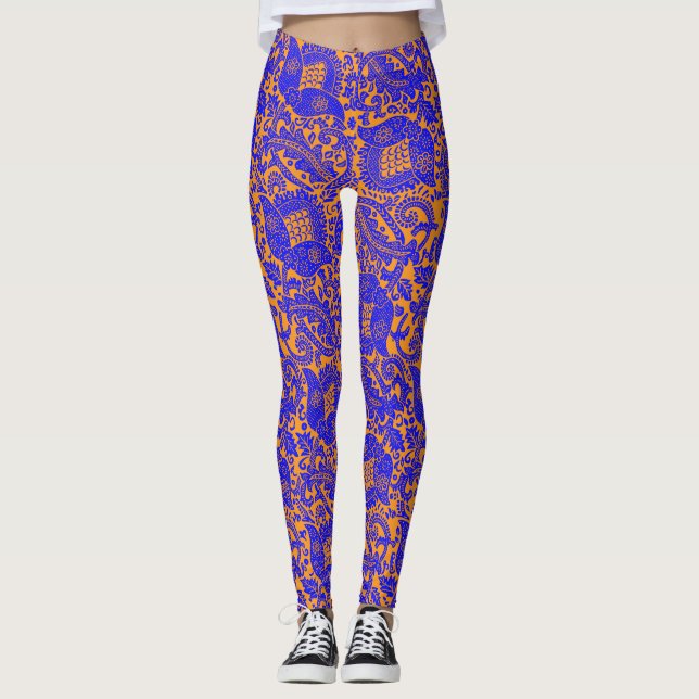 Mediaeval Unique Floral Ornament Cobalt Blue Orang Leggings (Front)