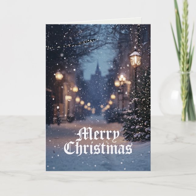 Mediaeval Village Winter Scene Merry Christmas Card (Front)