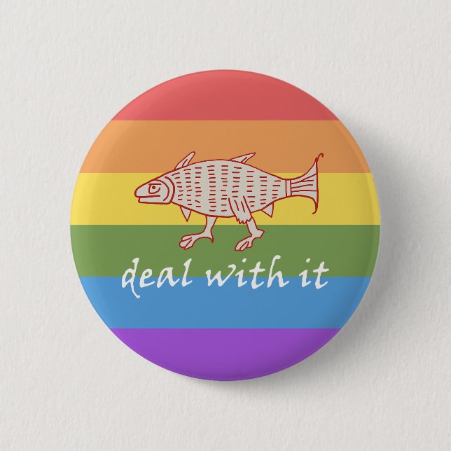 Mediaeval Walking Fish on Rainbow Stripes Button (Front)