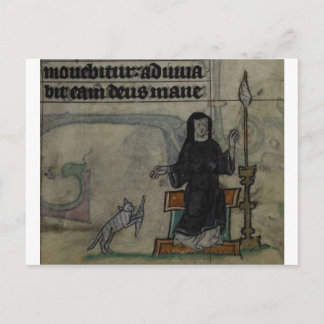 Mediaeval woman spinning with cat postcard