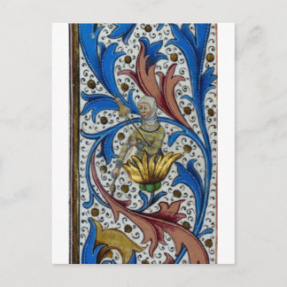 Mediaeval woman spinning with spindle and distaff postcard