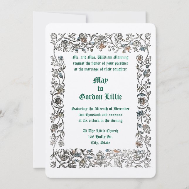 Mediaeval Woodblock Style Floral Border Wedding Invitation (Front)