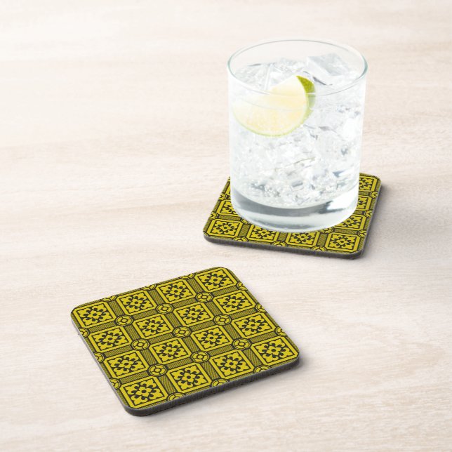 Mediaeval Yellow Black Lilies Romanesque Pattern Coaster (Right Side)
