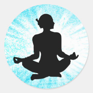 Mediation Zen Woman Black and Blue Sunburst Classic Round Sticker