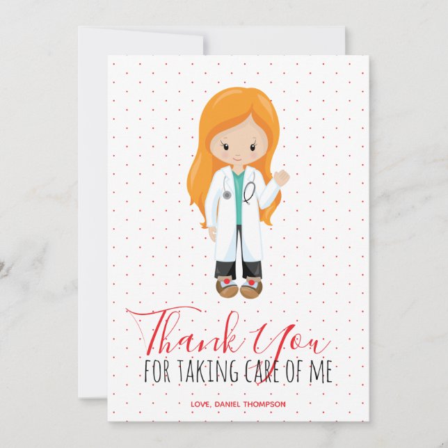 Medic Ginger Female doctor Red Script Polka Dot Thank You Card (Front)