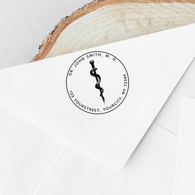 Medical 3d Asclepius Symbol Round Return Address Rubber Stamp (Creator Uploaded)