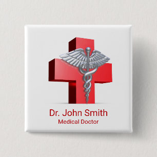Medical 3D Caduceus Cross Red Silver 15 Cm Square Badge