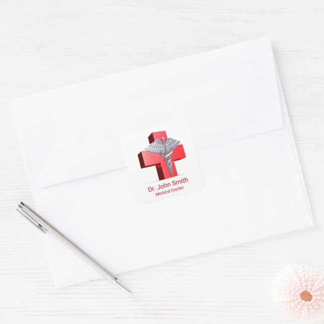 Medical 3D Caduceus Silver Cross Red Square Sticker (Envelope)
