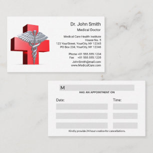 Medical 3D Silver Caduceus Cross Red Appointment Card