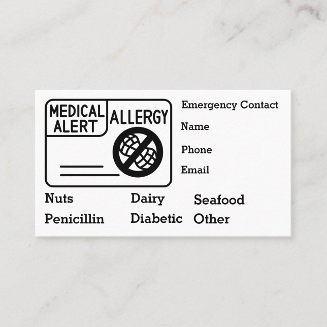 Medical Alert Allergy Emergency Personalise Business Card (Front)