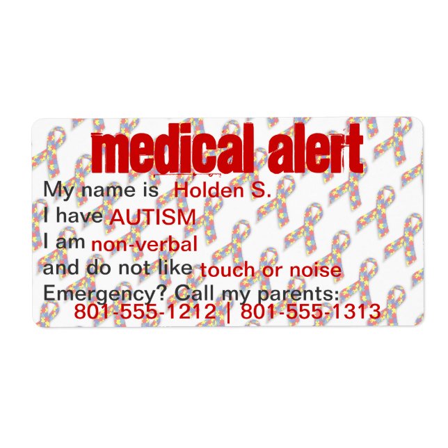 Medical Alert Autism Awareness Labels (Front)