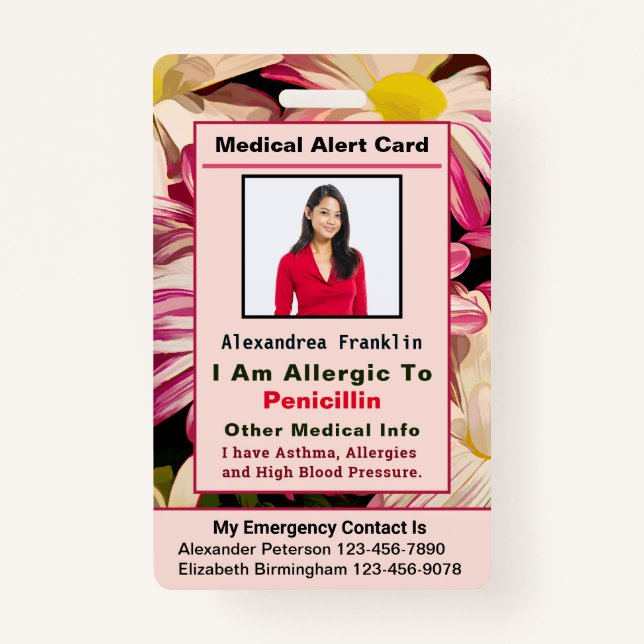 Medical Alert Emergency Contact Custom Card Badge ID Badge (Front)