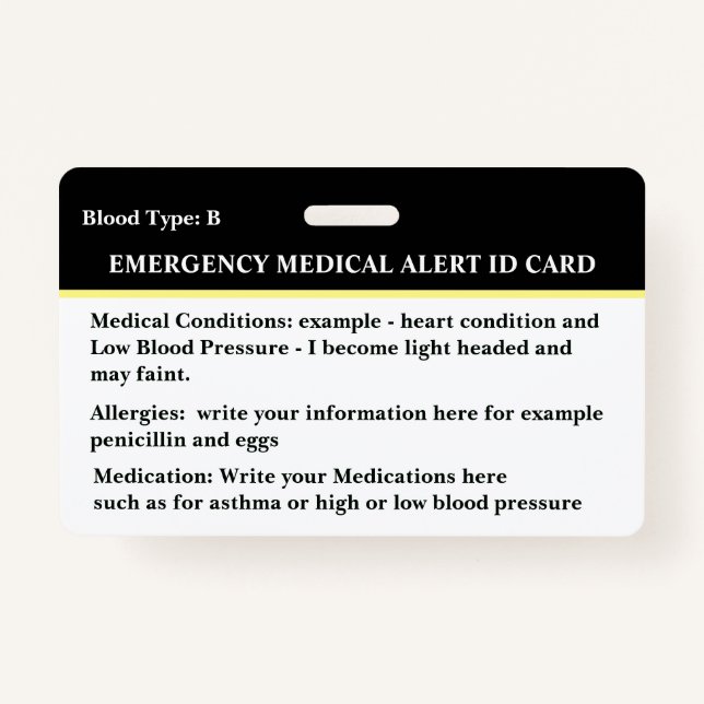 Medical Alert Emergency Contact ID Card Custom  ID Badge (Front)