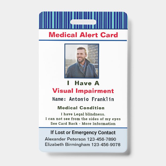 Medical Alert Photo Name Contact ID Card Custom Badge (Front)