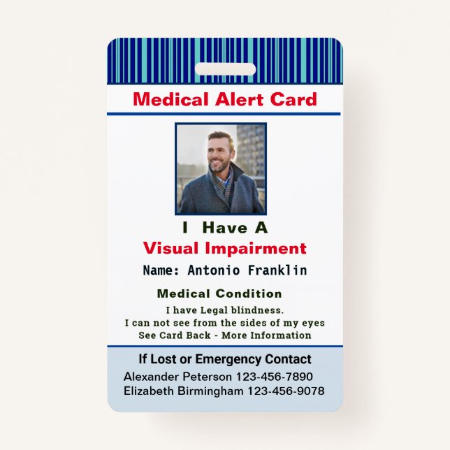 Medical Alert Photo Name Contact ID Card Custom ID Badge (Front)