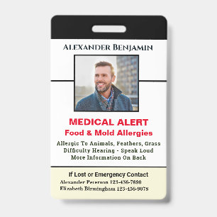 Medical Allergy Alert Emergency ID Photo Custom Badge