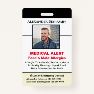 Medical Allergy Alert Emergency ID Photo Custom   ID Badge