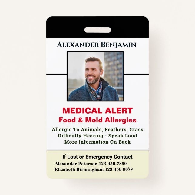 Medical Allergy Alert Emergency ID Photo Custom   ID Badge (Front)