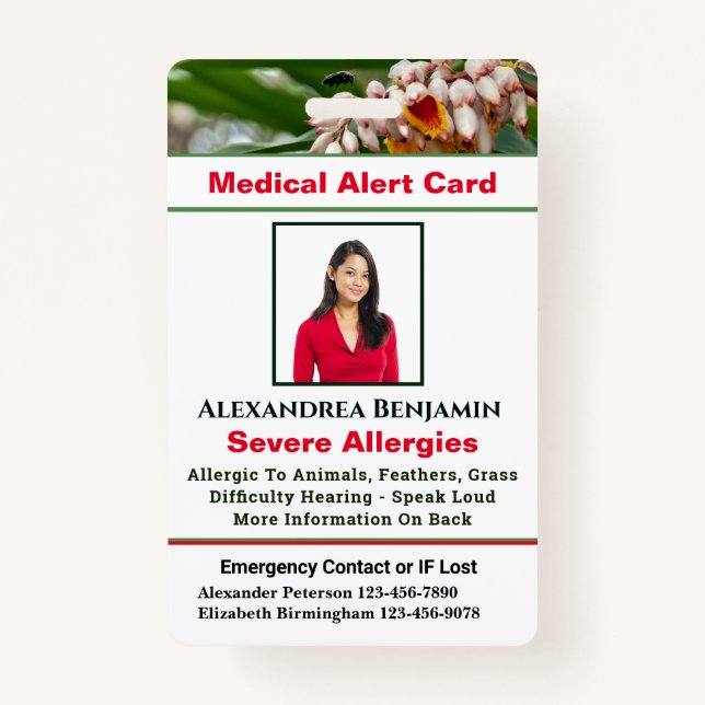 Medical Allergy Alert Emergency Photo Custom ID Ba ID Badge (Front)