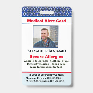 Medical Allergy Alert Emergency Photo Custom ID Badge