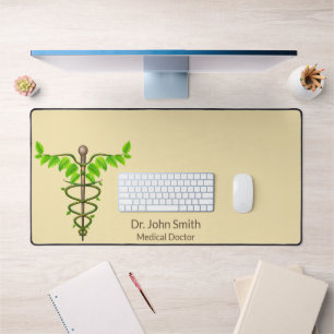 Medical Alternative Caduceus Green Leaves Beige Desk Mat