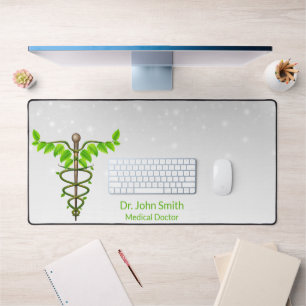 Medical Alternative Caduceus Green Leaves White Desk Mat