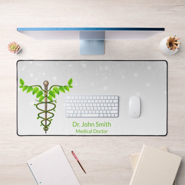 Medical Alternative Caduceus Green Leaves White Desk Mat (Office 1)