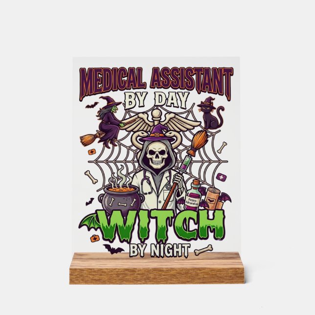 Medical Assistant Witch Skeleton Syringe Cauldron  Acrylic Sign (Front)