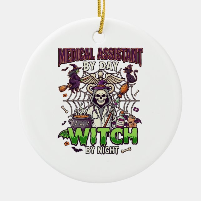 Medical Assistant Witch Skeleton Syringe Cauldron  Ceramic Tree Decoration (Front)