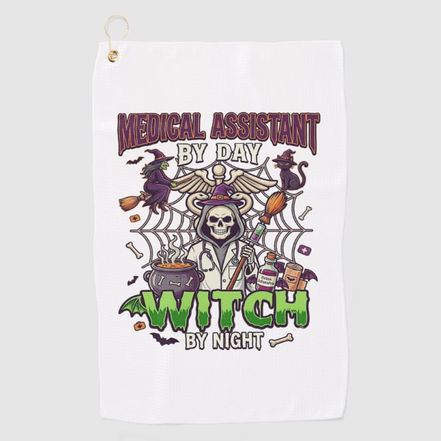 Medical Assistant Witch Skeleton Syringe Cauldron  Golf Towel (Front)
