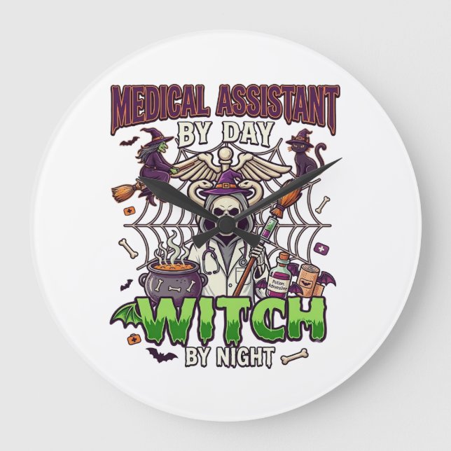 Medical Assistant Witch Skeleton Syringe Cauldron  Large Clock (Front)