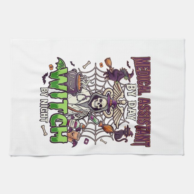 Medical Assistant Witch Skeleton Syringe Cauldron  Tea Towel (Horizontal)