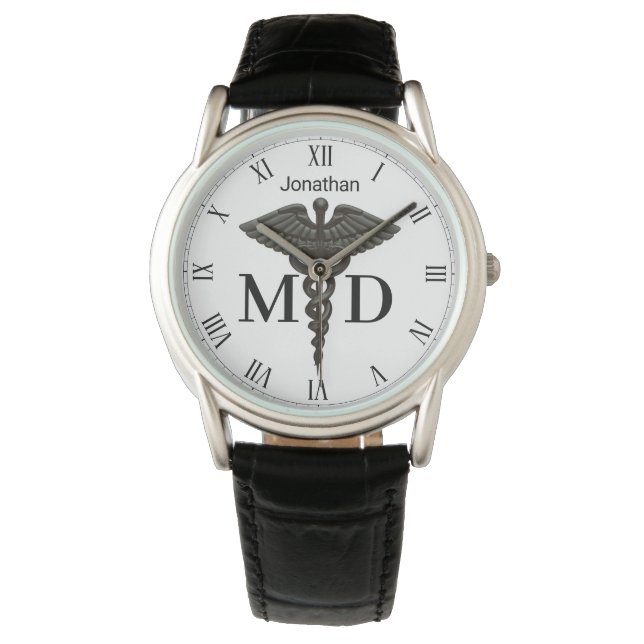 Medical Black Caduceus Medical Doctor MD Men Watch (Front)