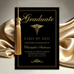 Medical Black Gold Caduceus College Graduation Announcement